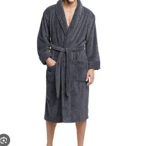 Hanes Soft Touch Mens Fleece Long Sleeve Knee Length Gray Plush Bathrobe